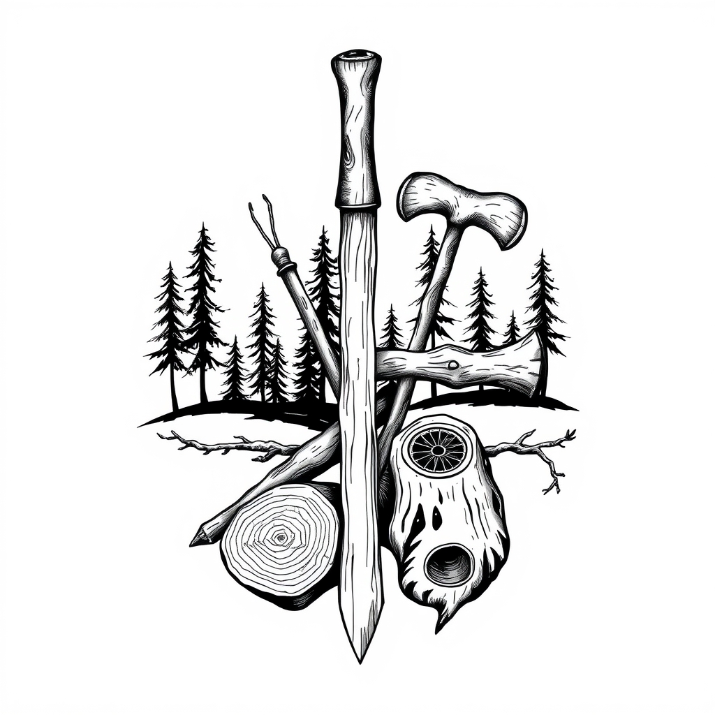 A tattoo design of Wood tools and trees in the background in the style of blackwork. - forestry tools tattoo design generated by AI tattoo generator