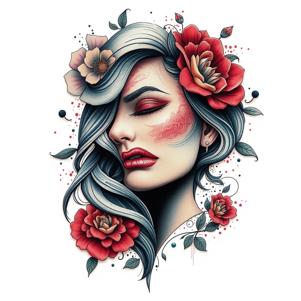 A tattoo design of CANVAS, beautiful woman face, inspired by Karolina Pisarek (((inspired by Karolina Pisarek))) (--texture: clay  Glue: 5% ): 3d in the style of abstract. - portrait tattoo design generated by AI tattoo generator