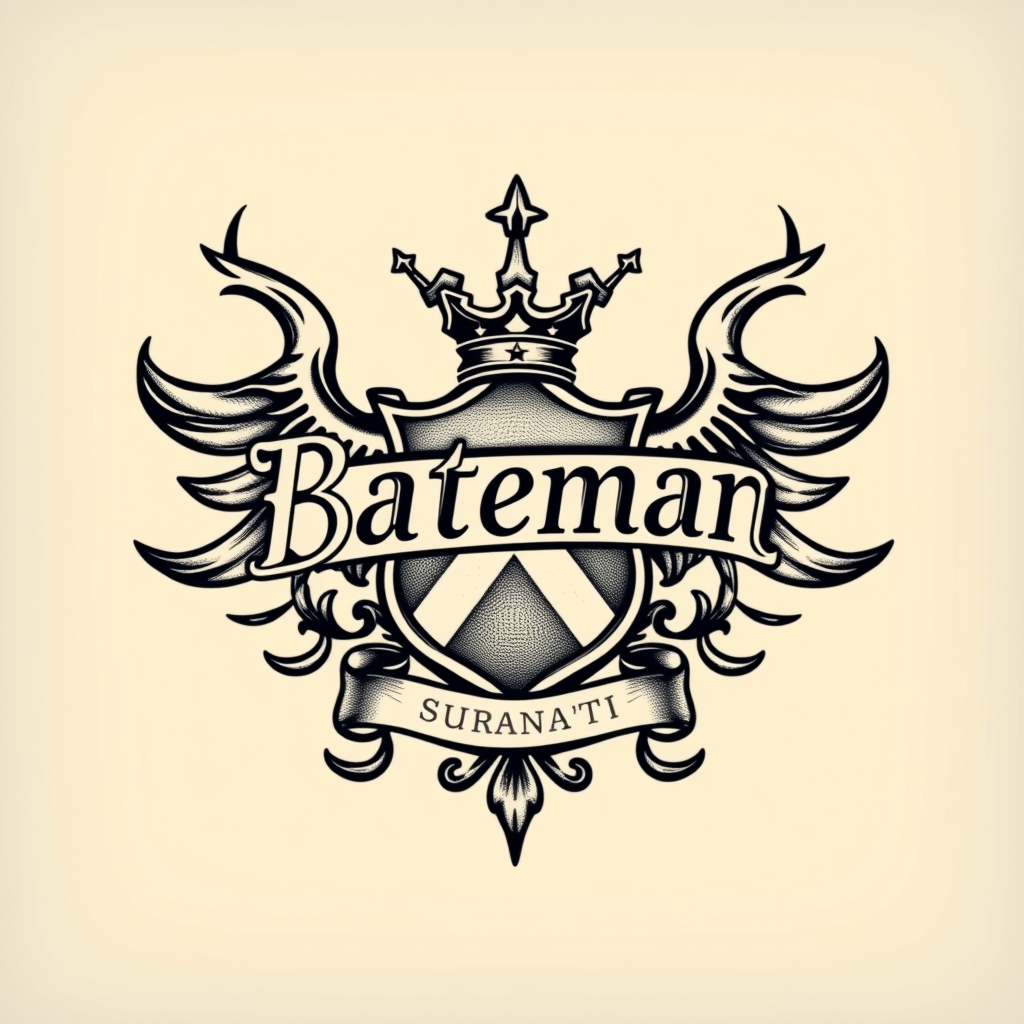 A tattoo design of bateman surname with badge-crest in the style of realistic. - family crest tattoo design generated by AI tattoo generator