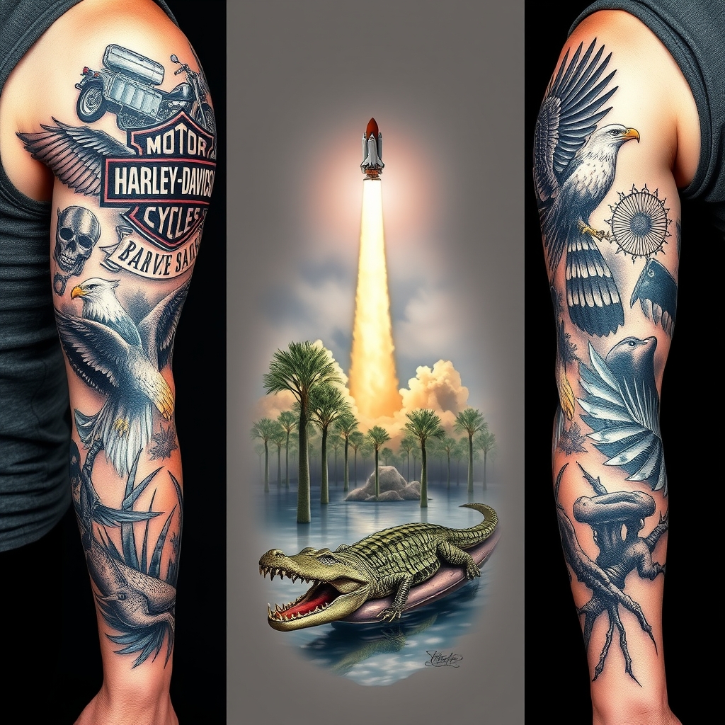 A tattoo design of Right arm full sleeve with the upper containing Harley Davidson theme with eagles mixed with the lower of Florida cypress swamp theme with alligator and space shuttle launch in the background  in the style of realistic. - motorcycles and swamps tattoo design generated by AI tattoo generator