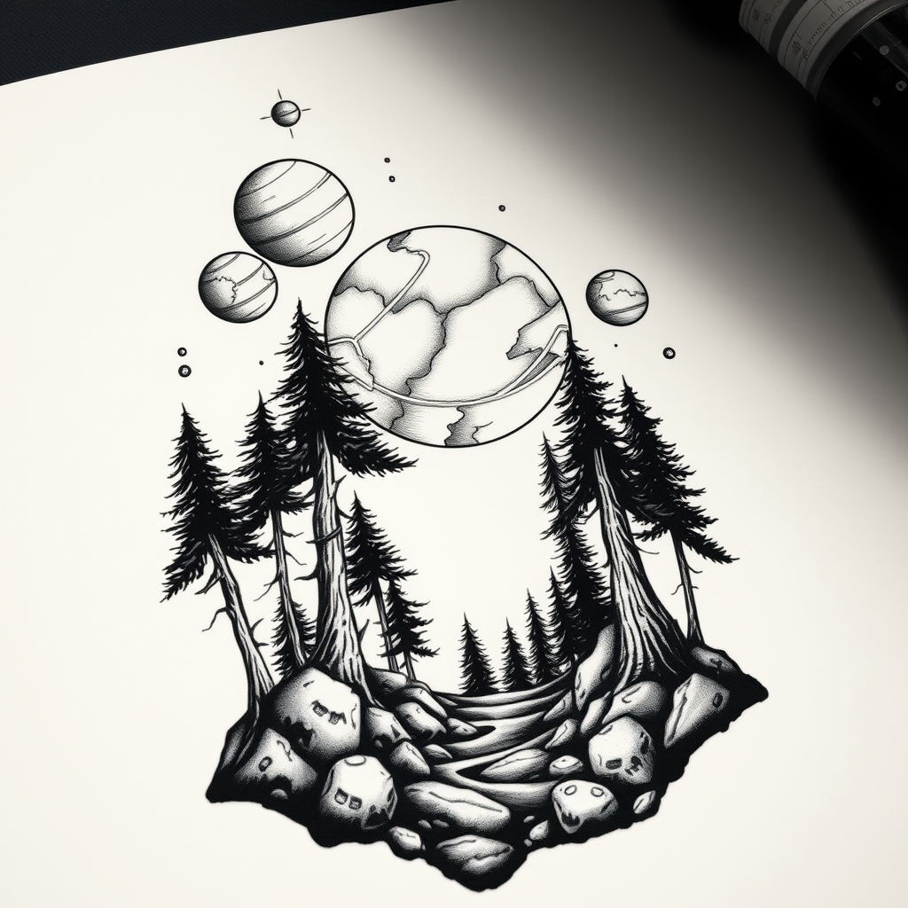 A tattoo design of Scary Forest and planets in the style of blackwork. - space fantasy tattoo design generated by AI tattoo generator