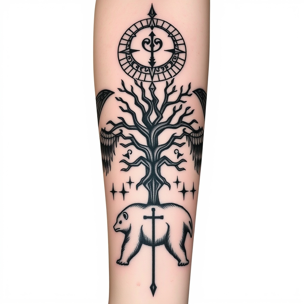 A tattoo design of feminine, odins ravens, wyrd, yggdrasil, vegvisin, valknut, troll cross and bear, add a little red Down my arm onto my wrist in the style of geometric. - norse mythology tattoo design generated by AI tattoo generator