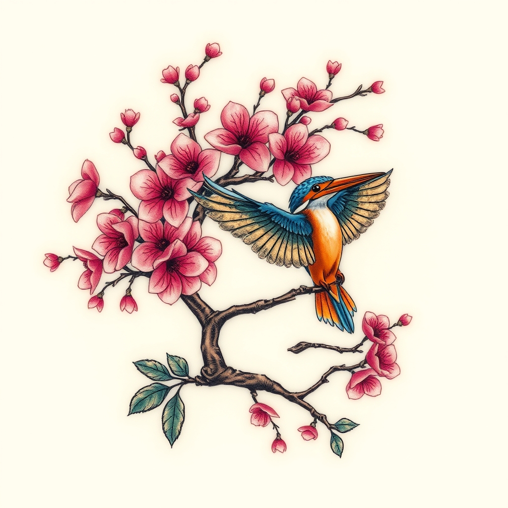 A tattoo design of Pink cherry blossom tree with flying blue and orange kingfisher in the style of tribal. - nature tattoo design generated by AI tattoo generator
