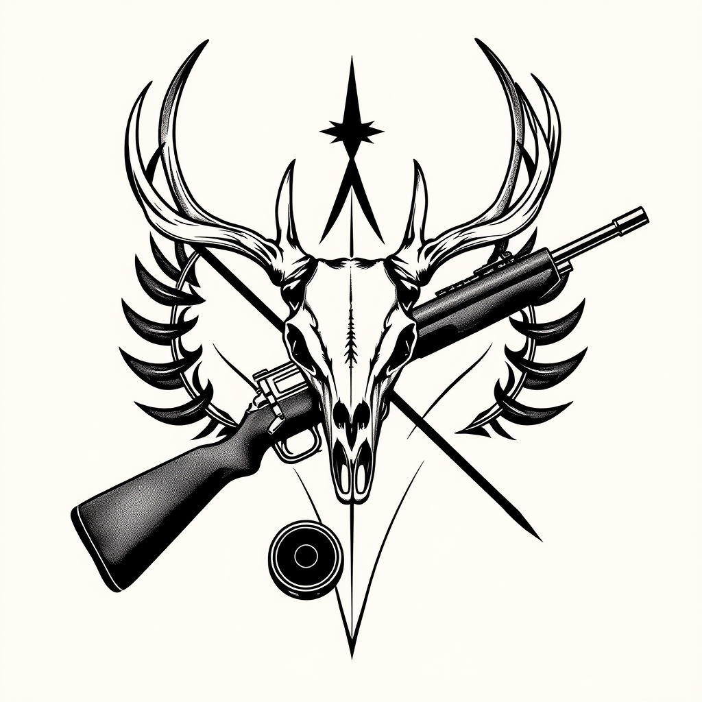 A tattoo design of i want a blackout deer skull on top of the x and i want a blackout hunting rifle going in an x with a blackout ice hockey stick in a x with the rifle with a blackout hockey puck in the style of realistic. - hunting and hockey tattoo design generated by AI tattoo generator