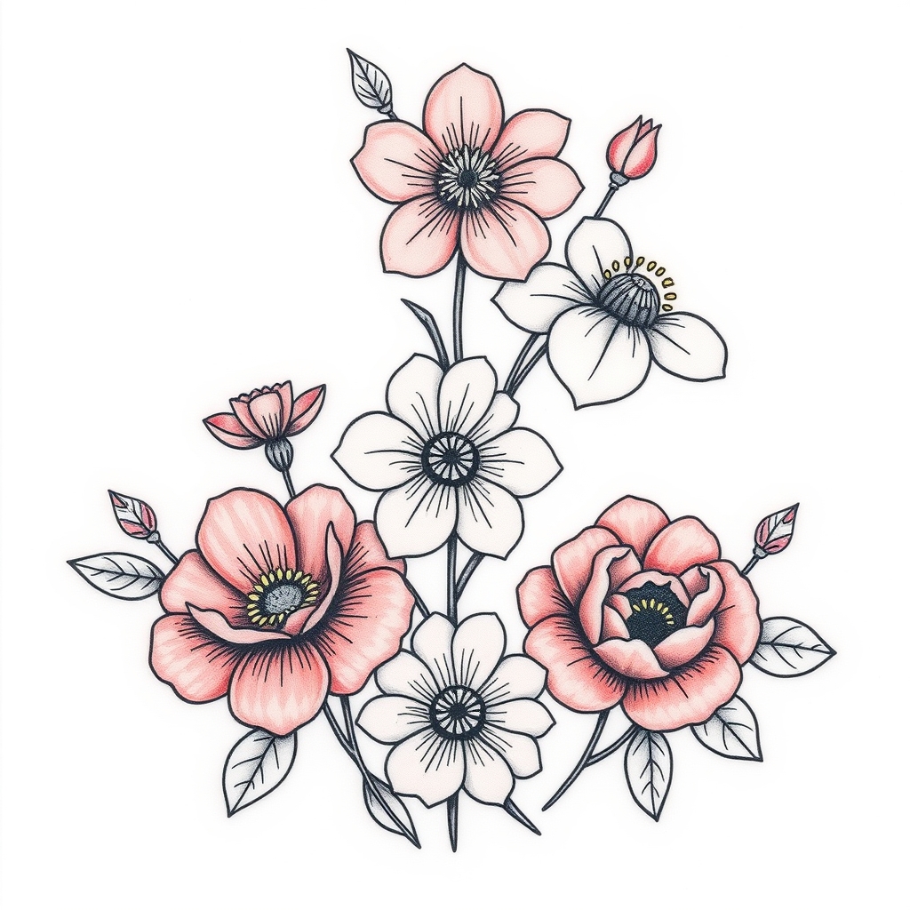 A tattoo design of February and August and December birth flowers  in the style of traditional. - birth flowers tattoo design generated by AI tattoo generator