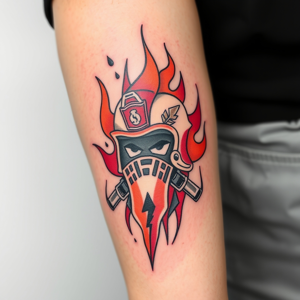 A tattoo design of simple fire fighter tattoo with semi colen for AJ in the style of abstract. - fire fighter tattoo design generated by AI tattoo generator