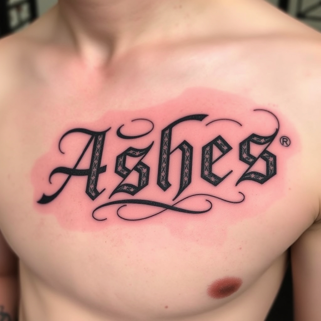 A tattoo design of Words "Ashes 222 Ashes" on left pectoralis in the style of traditional. - text tattoo design generated by AI tattoo generator