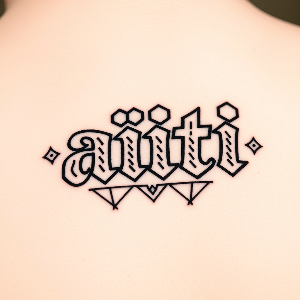 A tattoo design of Word "äiti" as it was knitted in the style of geometric. - text and symbols tattoo design generated by AI tattoo generator