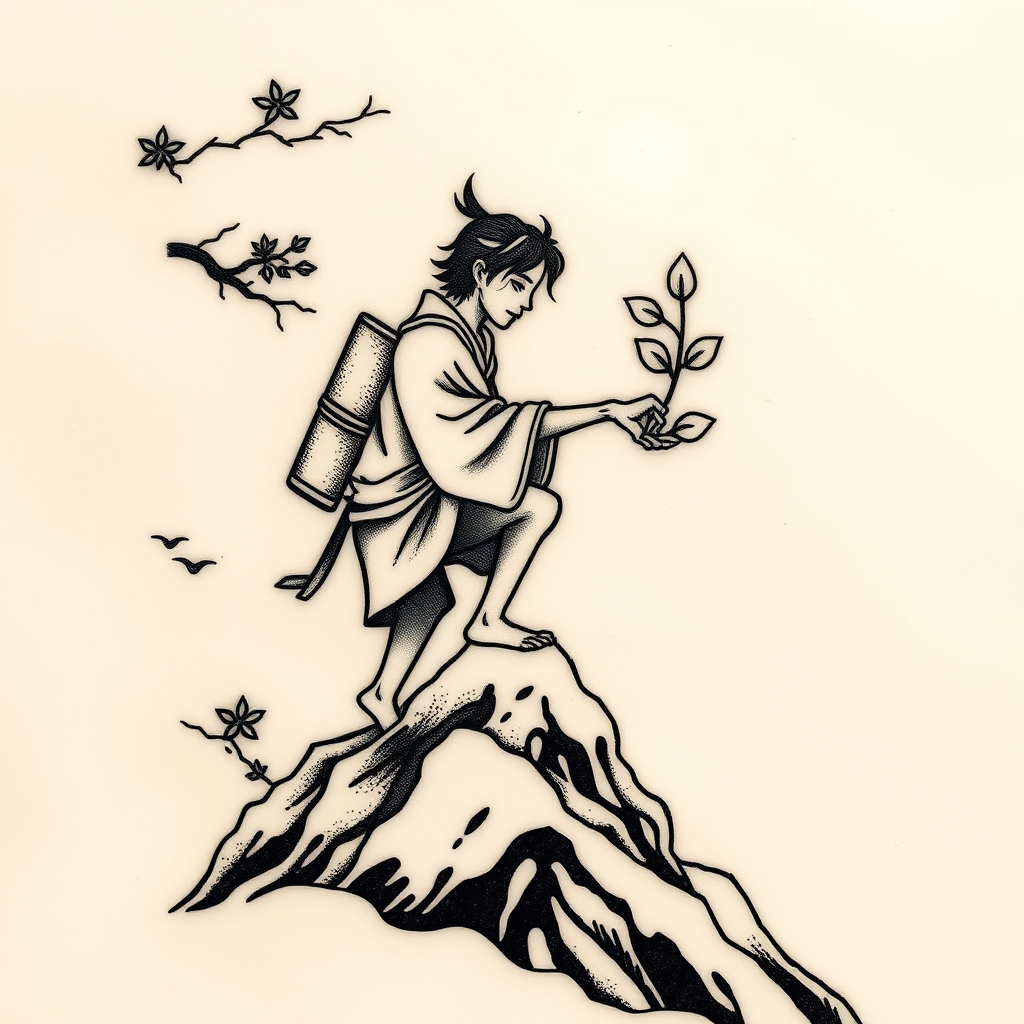 A tattoo design of Carer climbing a mountain carrying a sprouting seed in the style of japanese. - person climbing mountain tattoo design generated by AI tattoo generator