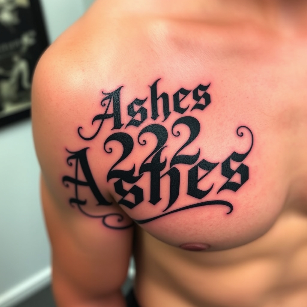 A tattoo design of Words "Ashes 222 Ashes" on left pectoralis in the style of tribal. - text tattoo design generated by AI tattoo generator