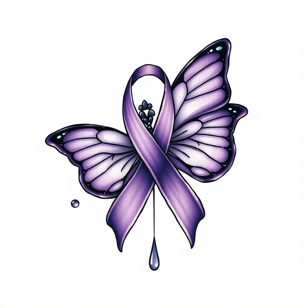 A tattoo design of  crying with the domestic awareness ribbon with a purple butterfly entwined together in the style of japanese. - mental health awareness tattoo design generated by AI tattoo generator