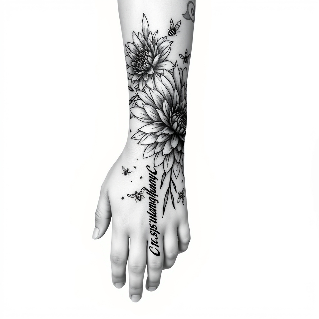 A tattoo design of Black and white half sleeve forearm and hand, the word Chrysanthemum in cursive down forearm, bees, blooming Chrysanthemums large in the style of abstract. - flowers and bees tattoo design generated by AI tattoo generator