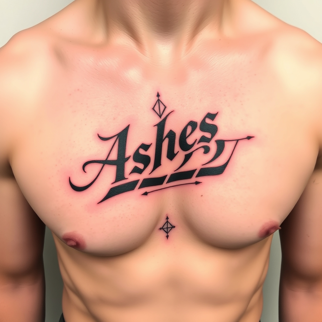 A tattoo design of Words "Ashes 222 Ashes" on left pectoralis in the style of geometric. - words tattoo design generated by AI tattoo generator