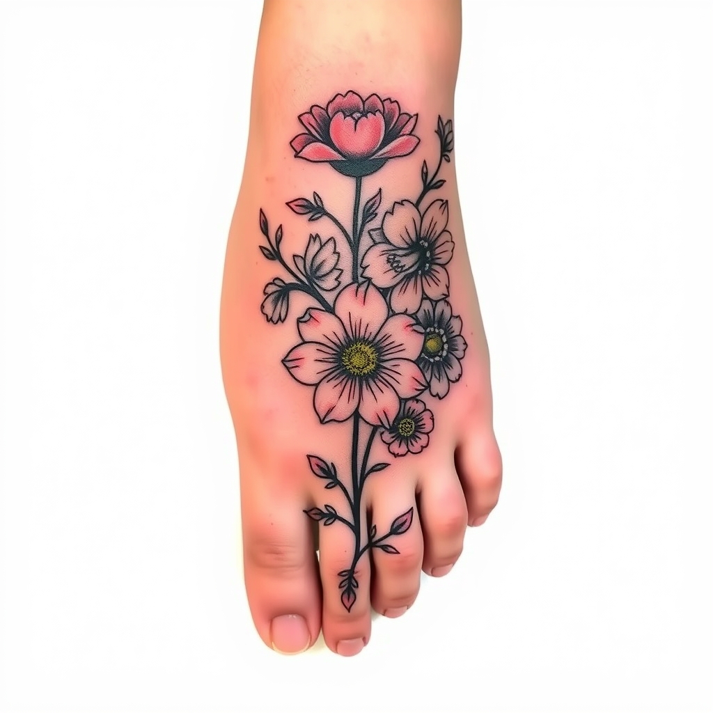 A tattoo design of flowers, hand, the footbook memory  in the style of surrealistic. - flowers tattoo design generated by AI tattoo generator