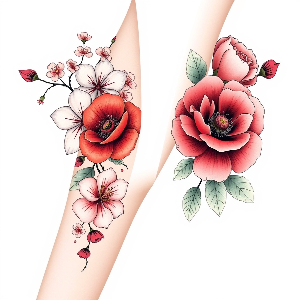 A tattoo design of arm sleave of Cherry blossoms with poppy flowers with scarlet carnation with white Cherokee rose and camellia in the style of geometric. - flowers tattoo design generated by AI tattoo generator