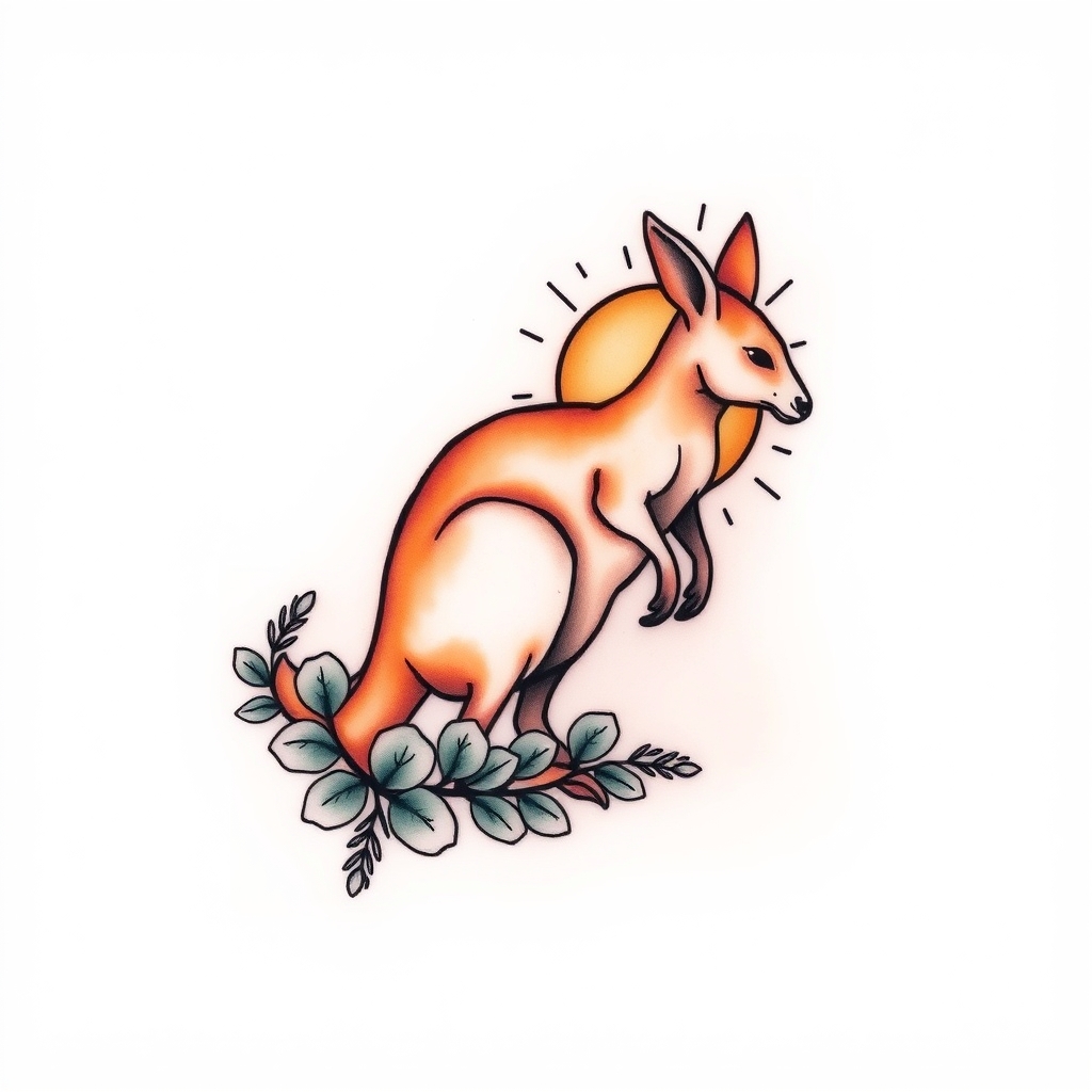 A tattoo design of Kangaroo with sun with eucalyptus leaves around the ankle in the style of watercolor. - australian wildlife tattoo design generated by AI tattoo generator