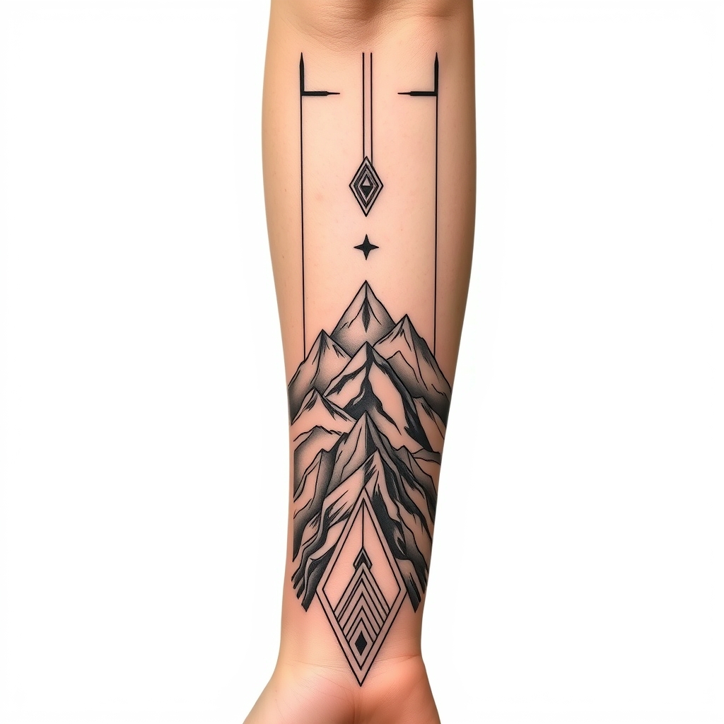 A tattoo design of Vertically Long Masculine peruvian tattoo for a forearm with mountains and line work in the style of geometric. - nature design tattoo design generated by AI tattoo generator