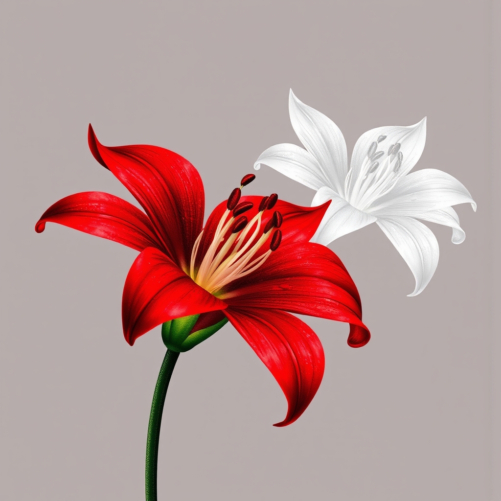 A tattoo design of Imagine uma única flor de Spider Lily (Lycoris radiata) brotando com elegância de um caule fino e naturalista, sem folhas. A flor principal é feita com tinta vermelha vibrante, com pétalas finamente enroladas e filamentos longos e arqueados, todos com texturas e detalhes que remetem ao realismo botânico. Sobreposição em branco: Logo atrás da flor vermelha, um segundo Spider Lily aparece, feito em tinta branca translúcida, ligeiramente deslocado para a direita. Essa versão branca se comporta como uma aura fantasmagórica ou eco espiritual — como se a alma da flor estivesse se desprendendo suavemente do corpo físico. O contraste entre o vermelho intenso e o branco etéreo cria um efeito de diplopia 3D ou “visão dupla”, com um toque poético e sutil. in the style of realistic. - flowers tattoo design generated by AI tattoo generator