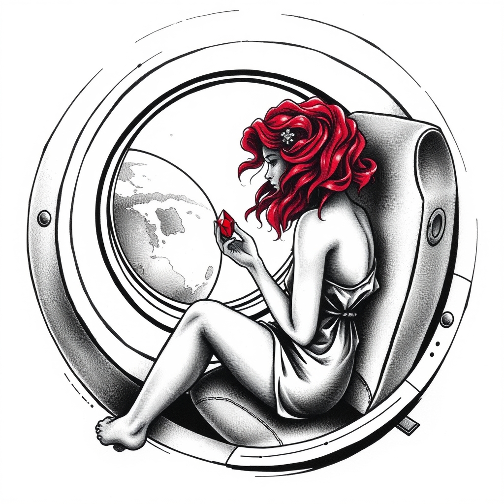 A tattoo design of Black and grey style. Curious redhead woman in romper with curly hair sitting in a small space capsule alone, facing the window. Floating through space with nothing to keep her company but a shining red ruby which she holds close by the porthole window. They are both sitting by the window peering out on an unknown planet. in the style of abstract. - space travel tattoo design generated by AI tattoo generator