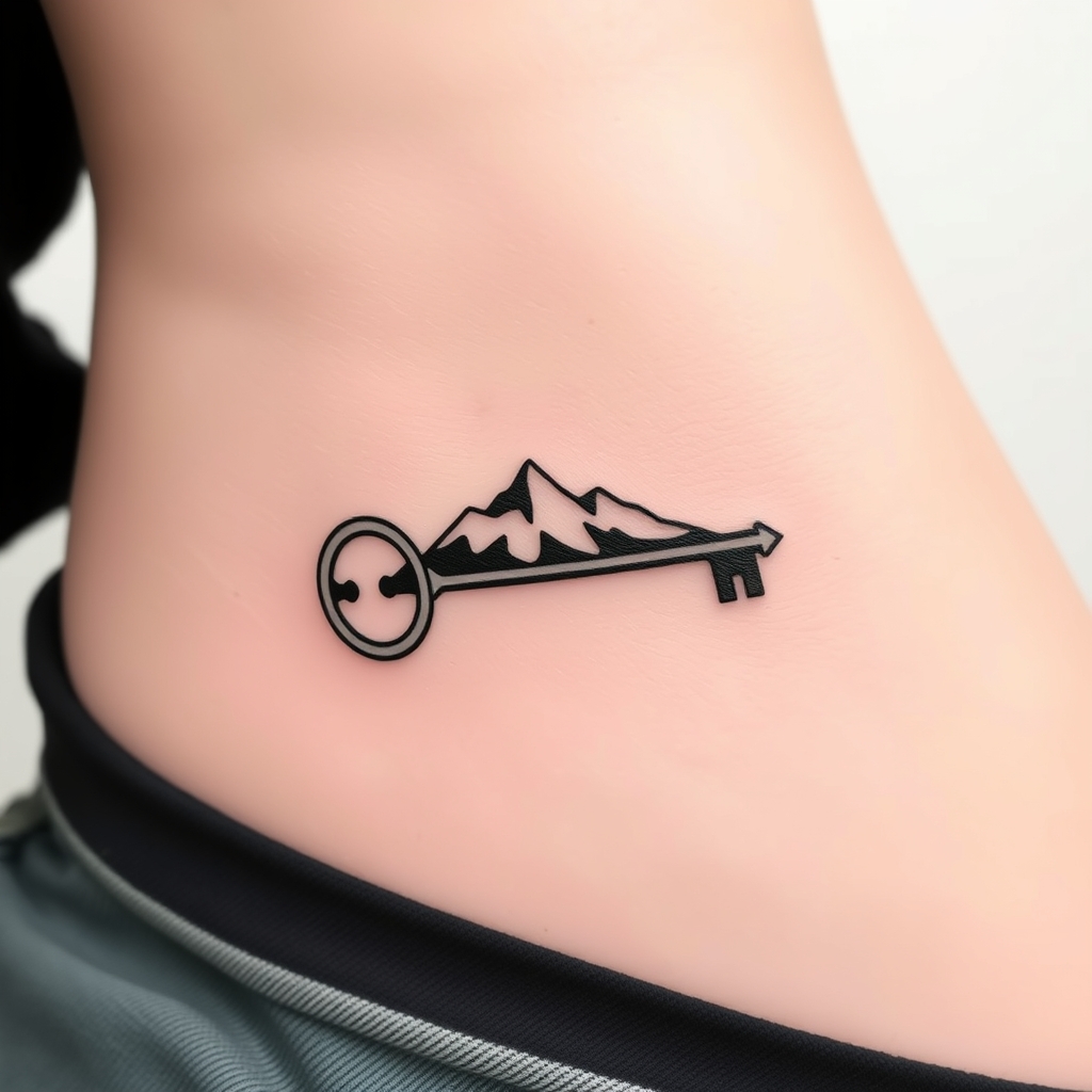 A tattoo design of Small Tattoo, black. Horizontal minimalist key with a mountain and wave sitting above it in the style of minimalist. - symbolism objects tattoo design generated by AI tattoo generator