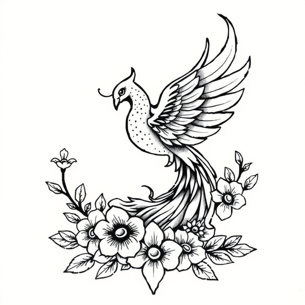 A tattoo design of Phoenix, water, and flower and leaf garland in the style of blackwork. - mythical creatures and nature tattoo design generated by AI tattoo generator