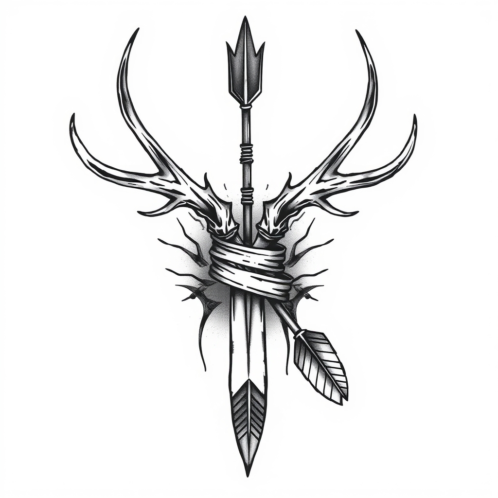 A tattoo design of Elk antler wrapped around an arrow tattoo in the style of realistic. - wildlife hunting tattoo design generated by AI tattoo generator
