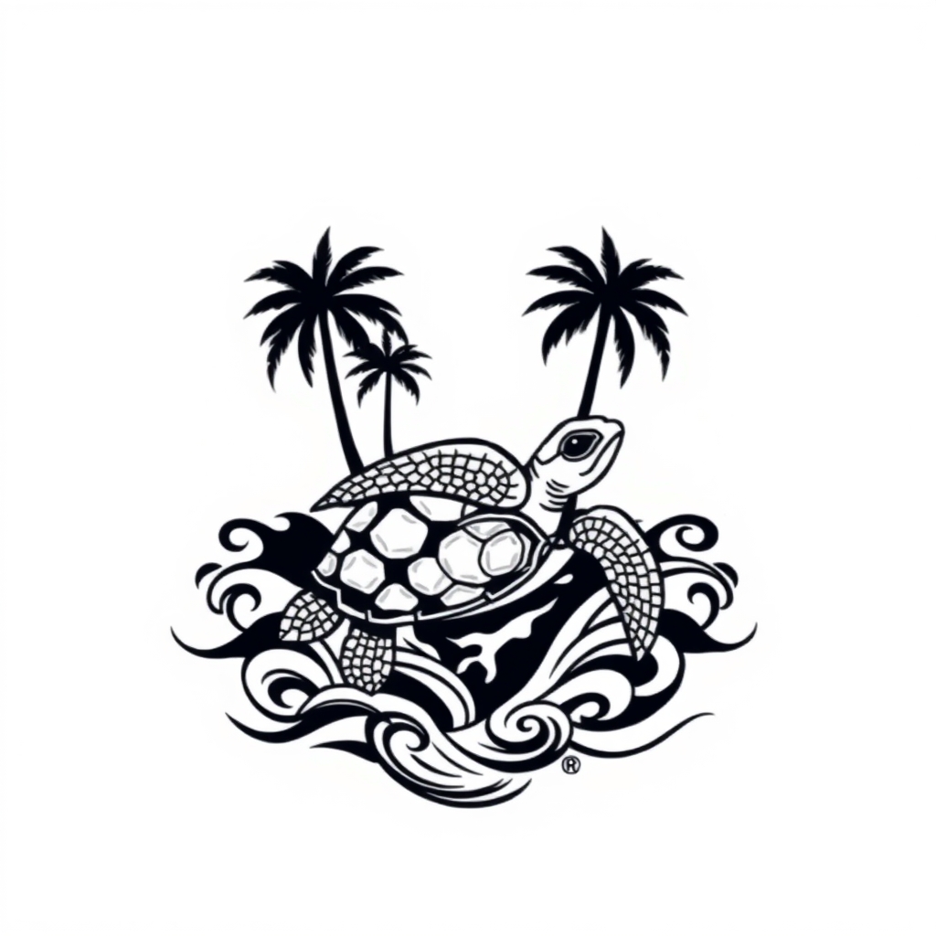 A tattoo design of sea turtle, palm trees, feminine in the style of tribal. - beach scene tattoo design generated by AI tattoo generator