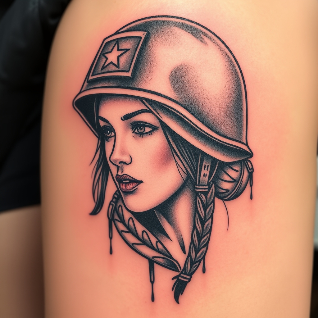 A tattoo design of Us helmet Vietnam war girl in the style of realistic. - vietnam war tattoo design generated by AI tattoo generator