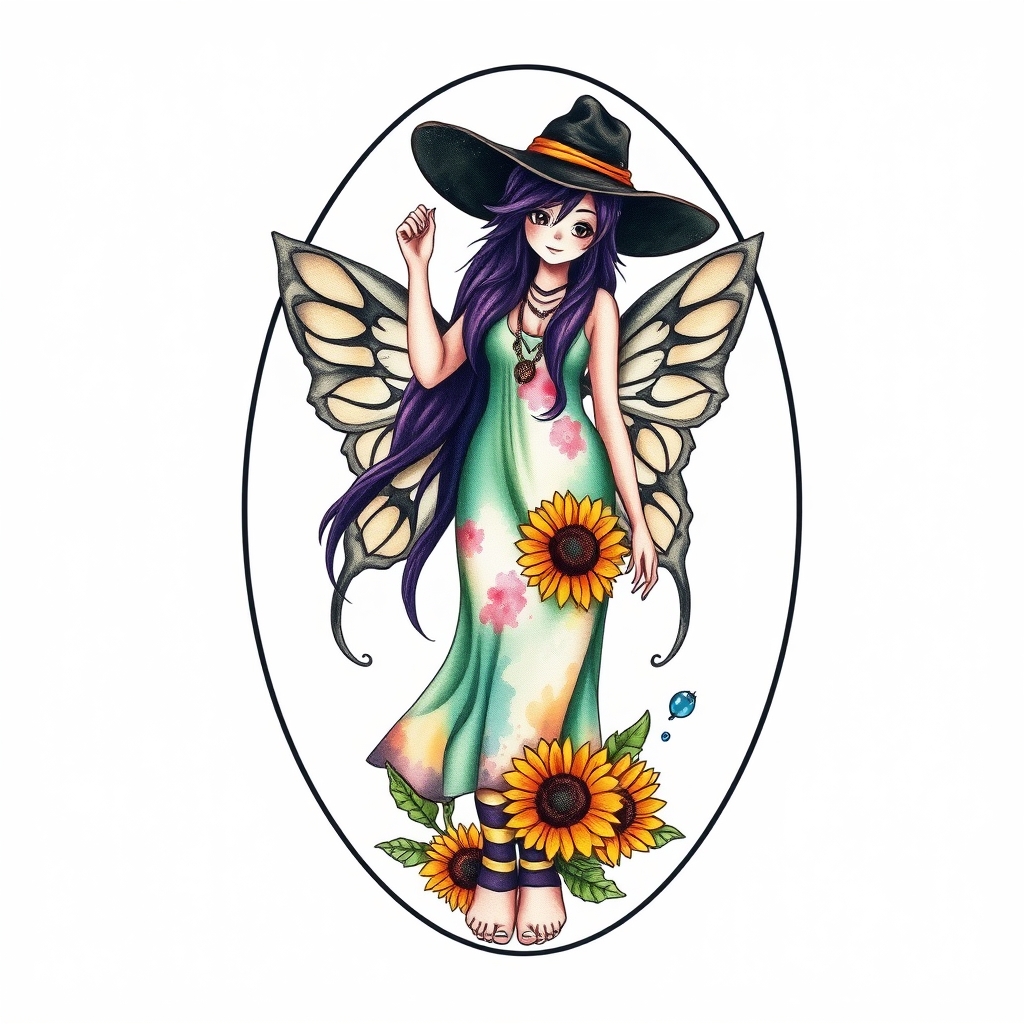 A tattoo design of Hippy fairy, dark purple hair, black floppy hat, long tie dye dress,   stripey socks, bare feet with sunflowers framed in oval picture frame  in the style of watercolor. - fairy design tattoo design generated by AI tattoo generator