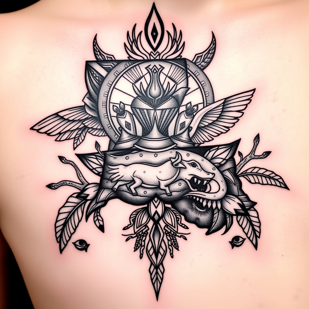A tattoo design of Louisiana, fractals, water, ancient energy, native wildlife in the style of geometric. - sacred geometry nature tattoo design generated by AI tattoo generator