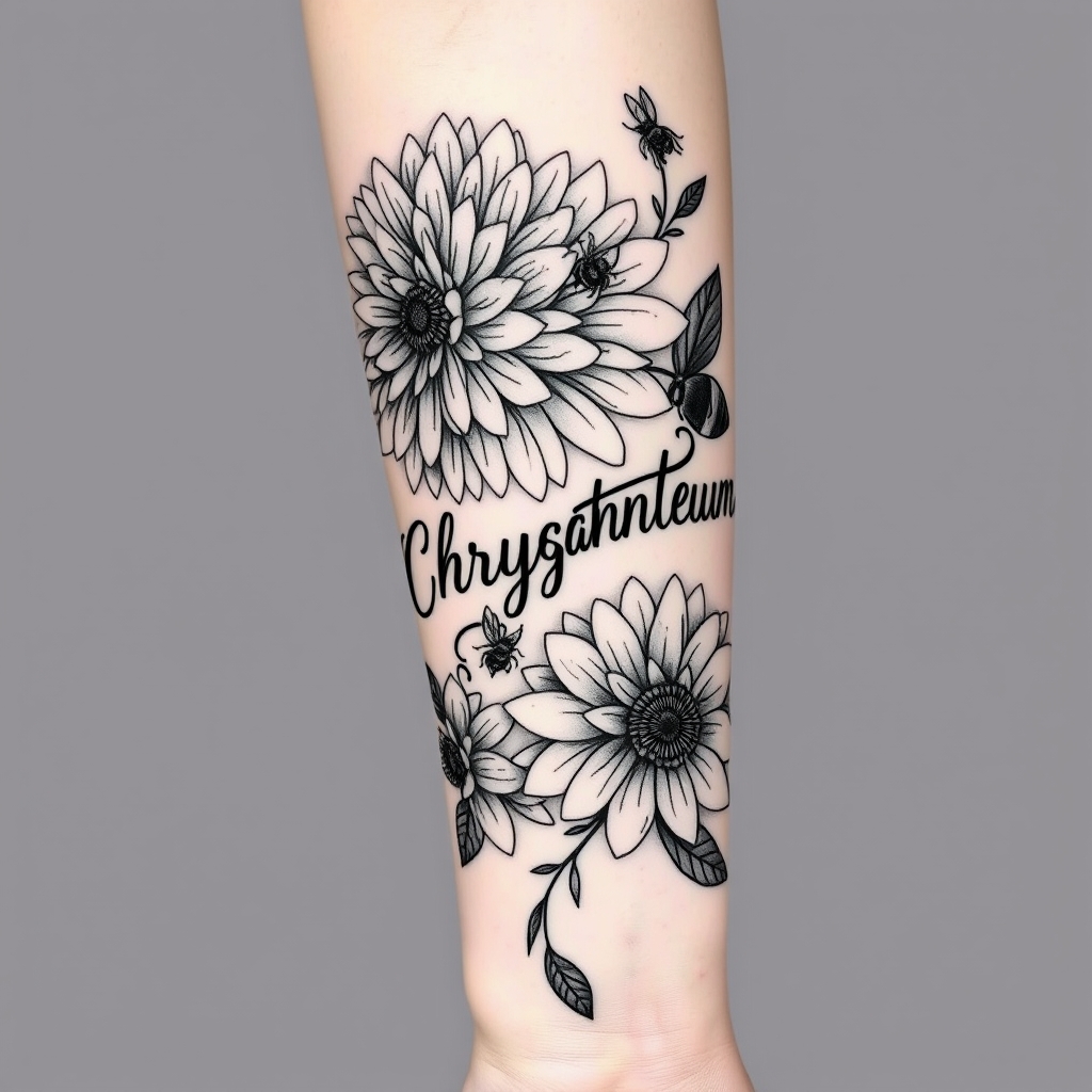 A tattoo design of Black and white from elbow to hand, the word Chrysanthemum in cursive down forearm, bees, blooming Chrysanthemums flowers large in the style of abstract. - flowers and bees tattoo design generated by AI tattoo generator