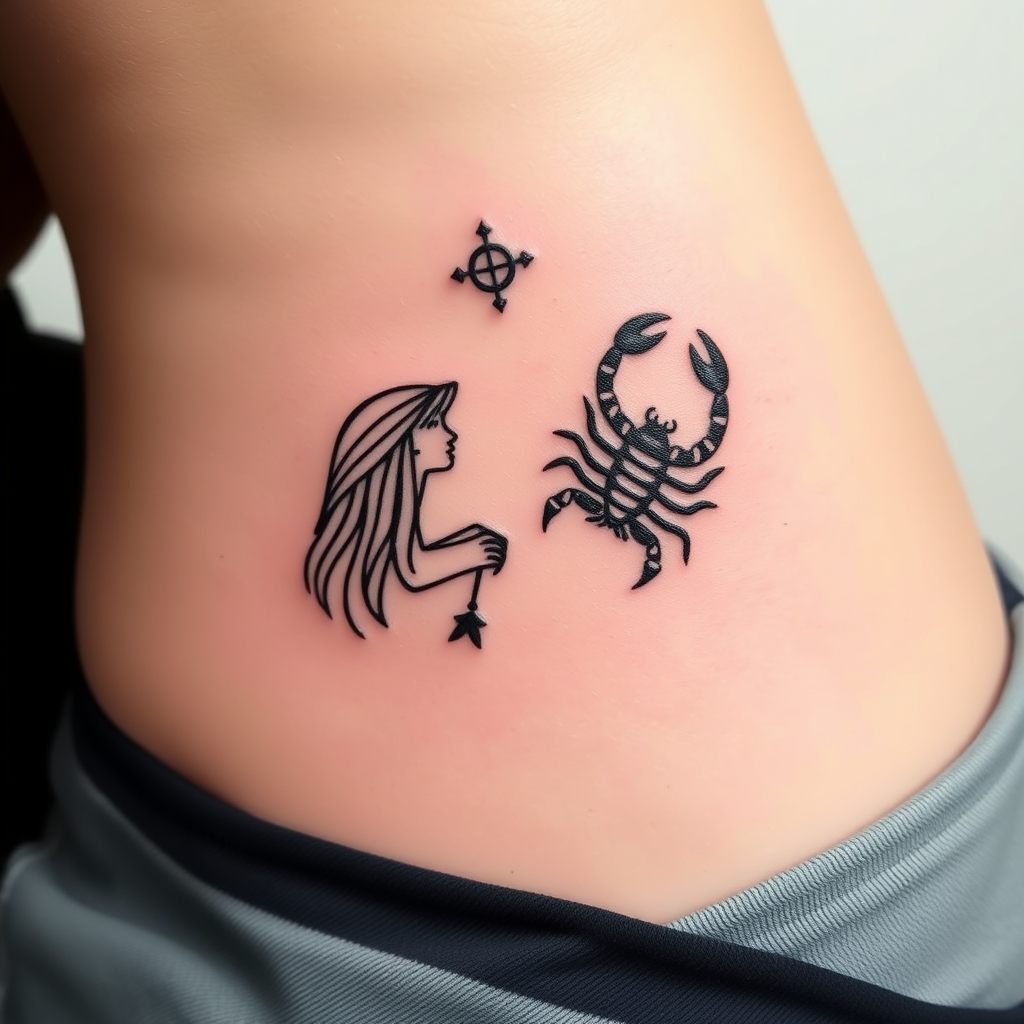 A tattoo design of Aquarius and Scorpio zodiac symbol combined in the style of minimalist. - zodiac symbol tattoo design generated by AI tattoo generator