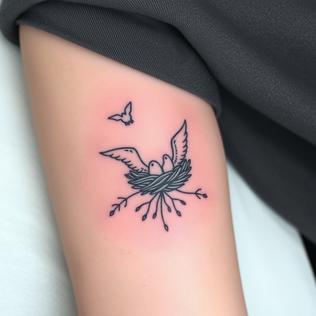 A tattoo design of a mom of two boys, deeply connected, now experiencing the journey of an empty nest — symbolizing your sons having flown, but always part of the home you created. in the style of minimalist. - empty nest tattoo design generated by AI tattoo generator