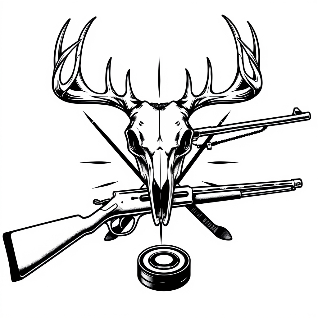 A tattoo design of a deer skull on top of the x of a lever action rifle and a hockey stick all blackout with with a white background with a hockey puck on the bottom of the x in the style of realistic. - hunting sports equipment tattoo design generated by AI tattoo generator