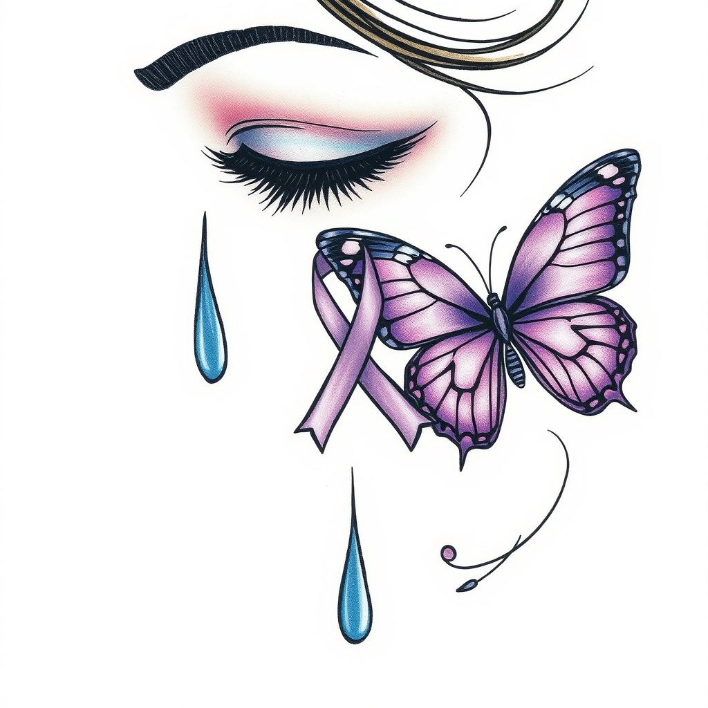 A tattoo design of A tear running down a woman's face with a domestic violence ribbon and a purple butterfly entwined together in the style of traditional. - domestic violence awareness tattoo design generated by AI tattoo generator