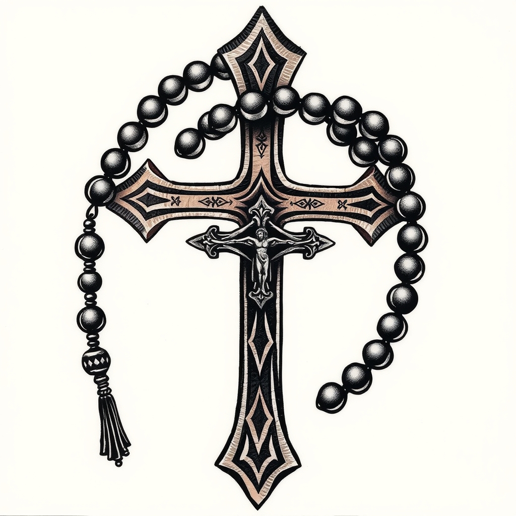 A tattoo design of Rosary wrapped around Ukrainian Orthodox Cross in the style of abstract. - religion tattoo design generated by AI tattoo generator
