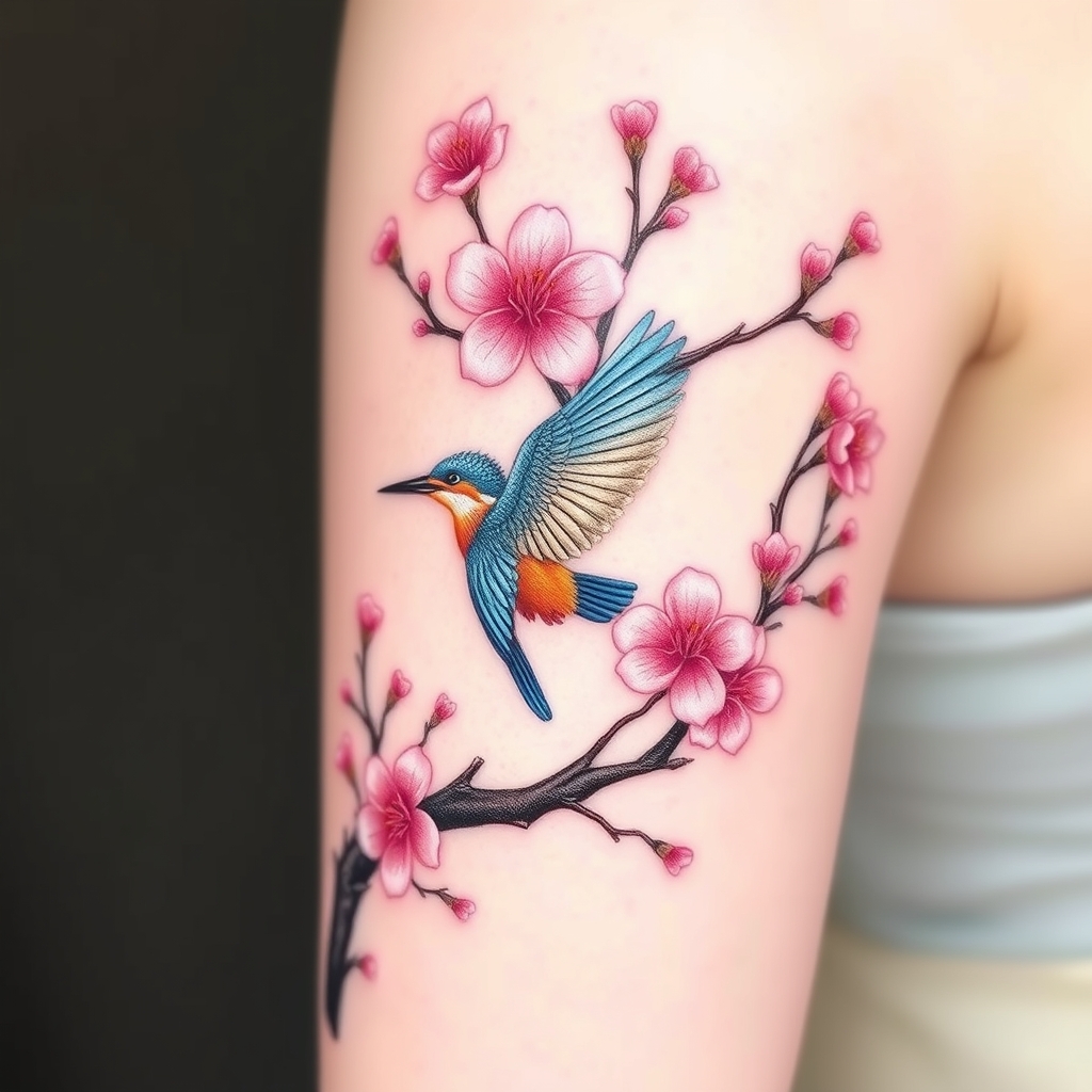 A tattoo design of Pink cherry blossom tree with flying blue and orange kingfisher in the style of minimalist. - nature scene tattoo design generated by AI tattoo generator