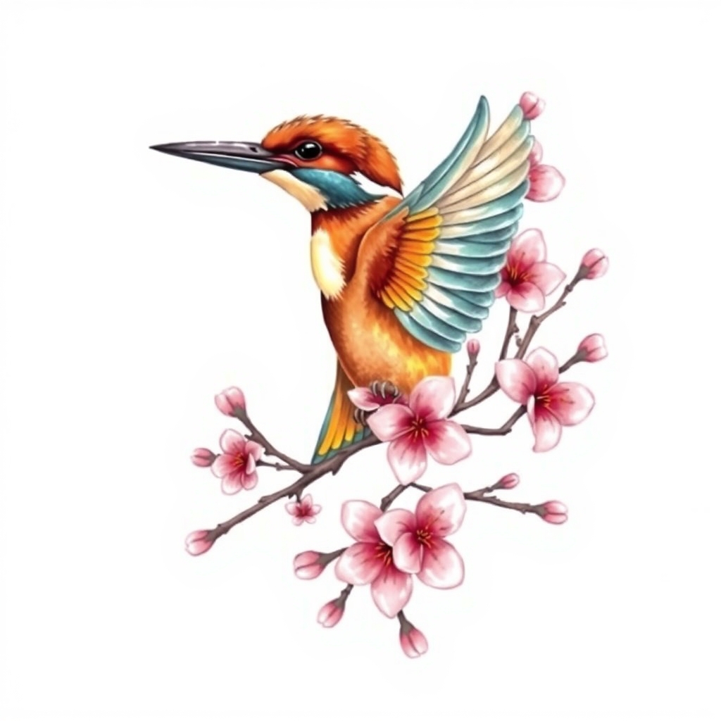 A tattoo design of Kingfisher in flight and cherry blossoms in colour in the style of watercolor. - nature tattoo design generated by AI tattoo generator
