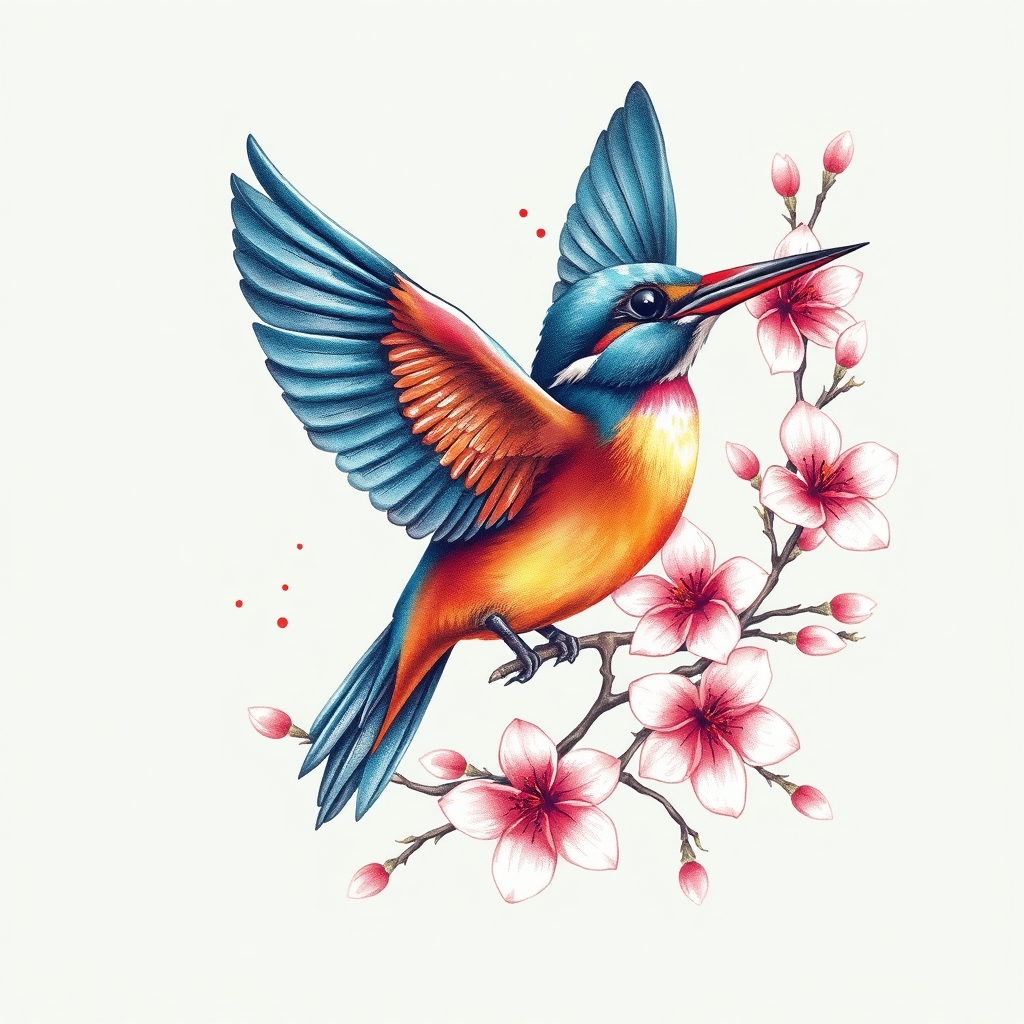 A tattoo design of Kingfisher in flight surrounded by cherry blossoms in colour in the style of watercolor. - animals tattoo design generated by AI tattoo generator