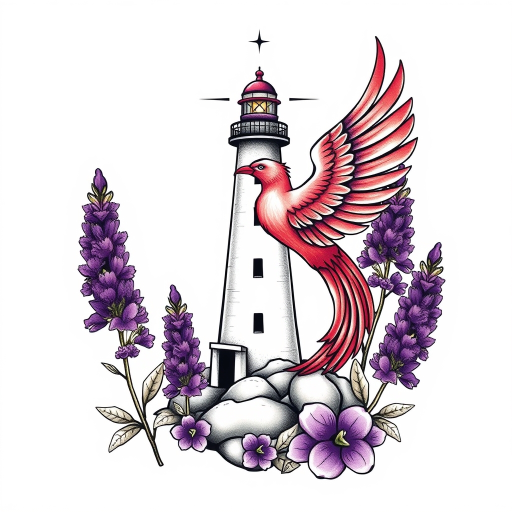 A tattoo design of  lighthouse with a phoenix an purple lupines   in the style of traditional. - mythical creatures tattoo design generated by AI tattoo generator