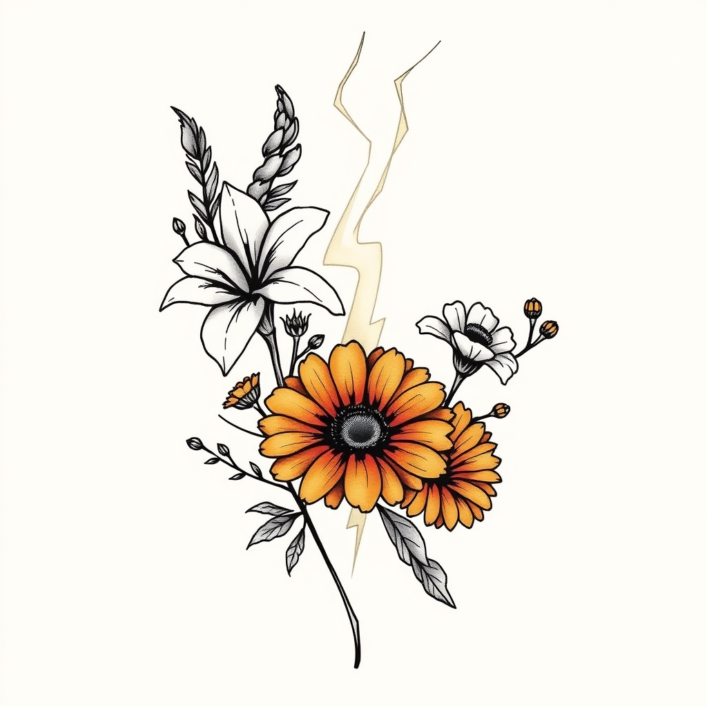A tattoo design of lightening strike with gladiolus, marigold, daisy, and astors in the style of minimalist. - flowers tattoo design generated by AI tattoo generator