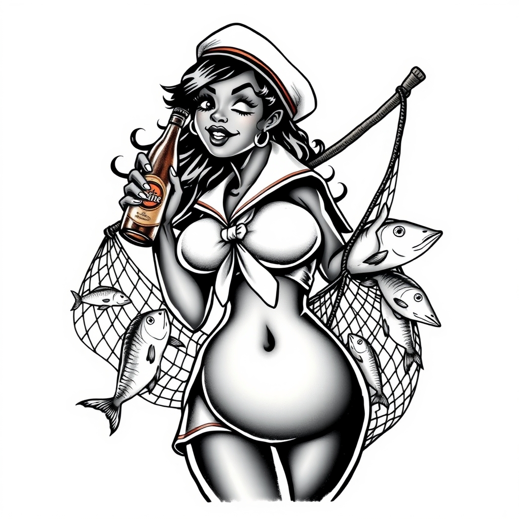 A tattoo design of A dark black woman winking with large bottom in a sailor outfit with a beer bottle hauling a net full of fish sailor jerry style in the style of traditional. - sailor jerry tattoo tattoo design generated by AI tattoo generator