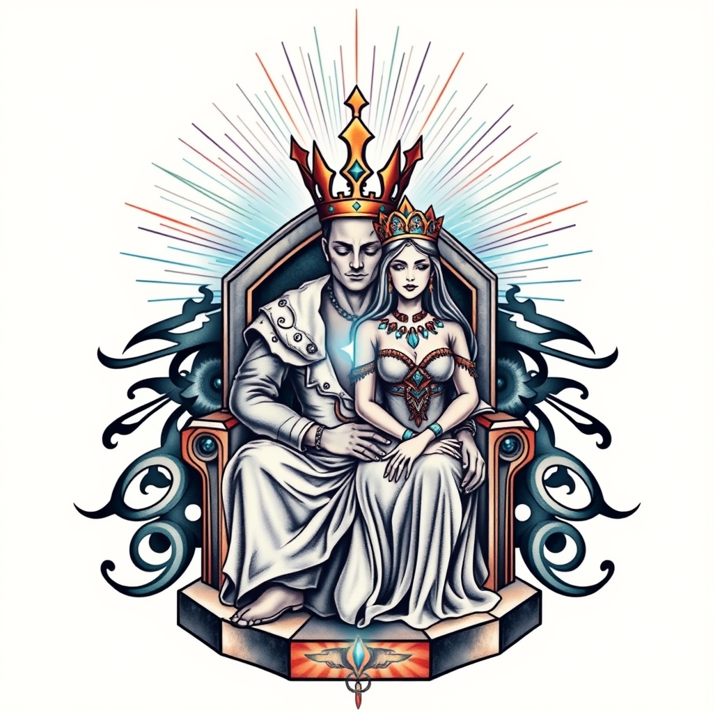 A tattoo design of A king and queen that are the same person sitting on his hexagon shaped throne, his eyes closed, his face soft, and his aura light blue and silver around him, his crown is streaming light rays, in fine thin strips of various colors, extending out in all directions  in the style of tribal. - royalty portrait tattoo design generated by AI tattoo generator