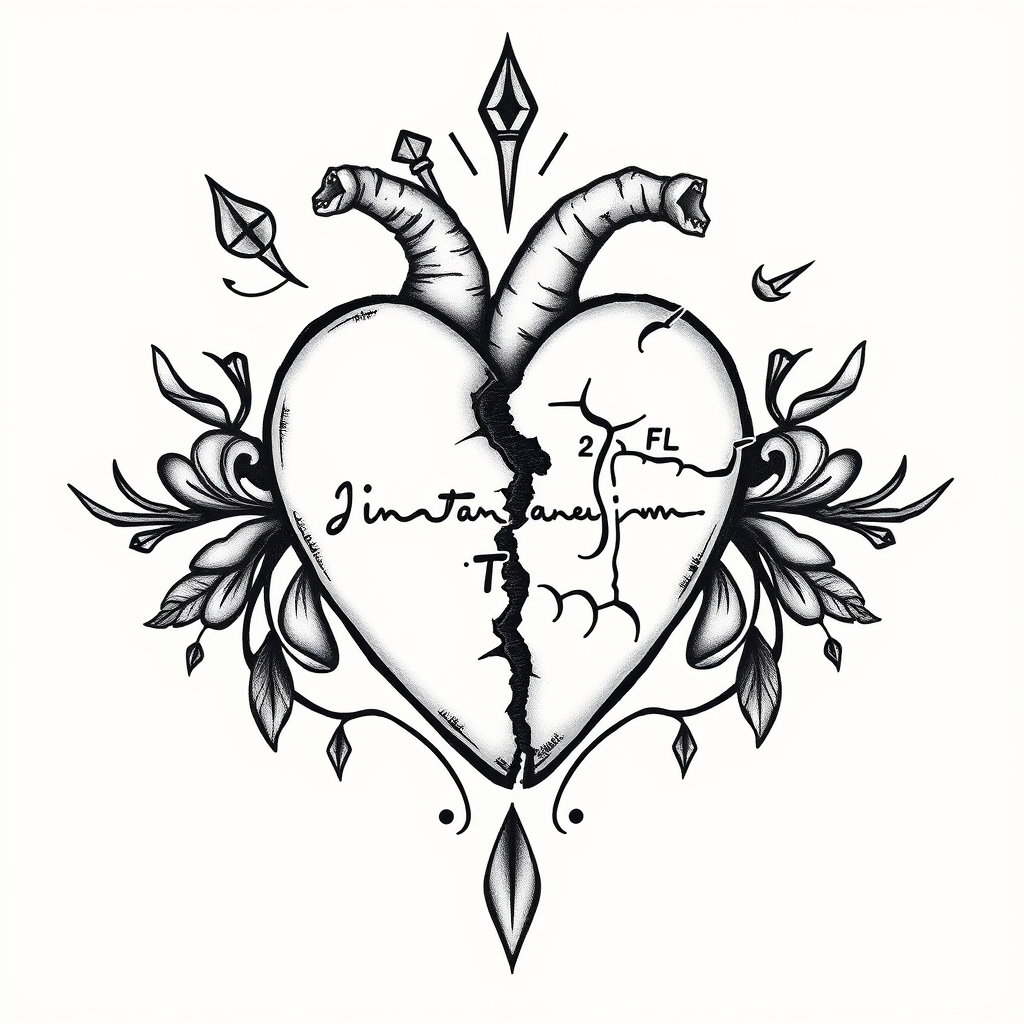 A tattoo design of Diabet broken heart insulin formula fantasy  in the style of minimalist. - medical condition tattoo design generated by AI tattoo generator