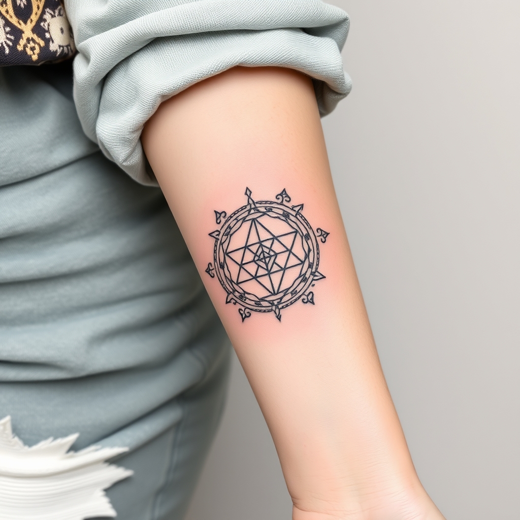 A tattoo design of Small dainty Feminine mayan sacred geometry for forearm in the style of geometric. - sacred geometry tattoo design generated by AI tattoo generator