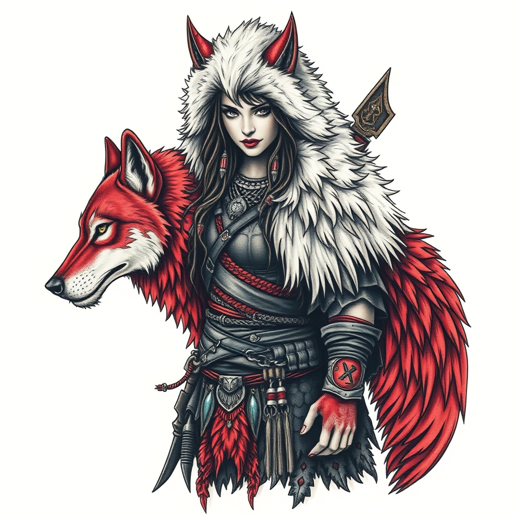 A tattoo design of A northern fur covered warrior goddess with a red dire wolf at her side in the style of surrealistic. - mythical creatures tattoo design generated by AI tattoo generator