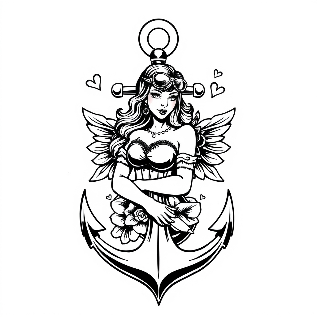 A tattoo design of anchor pinup girl vintage tattoo on white background in the style of blackwork. - pinup girl tattoo design generated by AI tattoo generator