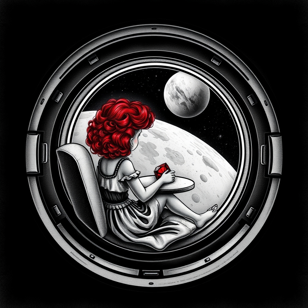 A tattoo design of Black and grey style. Redhead girl with curly hair sitting in a small space capsule alone. Floating through space with nothing to keep her company but a thing red ruby which she keeps on the small table by the porthole window. They are both sitting by the window peering out on an unknown planet. in the style of surrealistic. - space travel tattoo design generated by AI tattoo generator