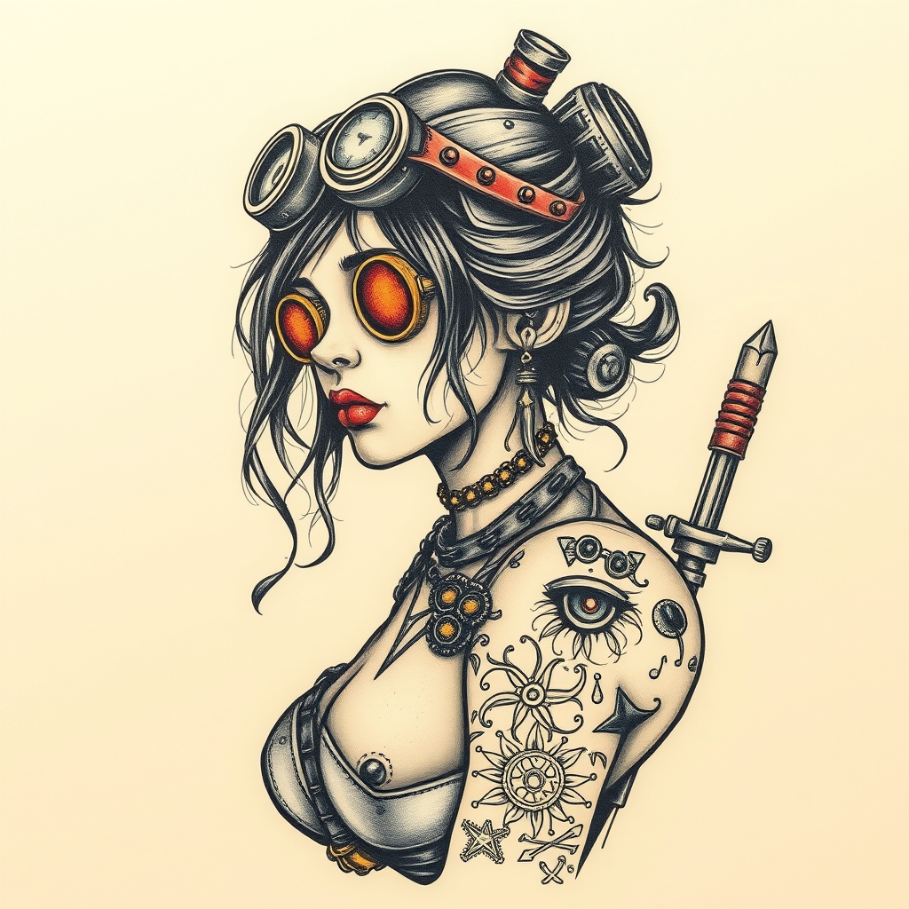 A tattoo design of Steampunk girl who is tuff in the style of surrealistic. - steampunk character tattoo design generated by AI tattoo generator