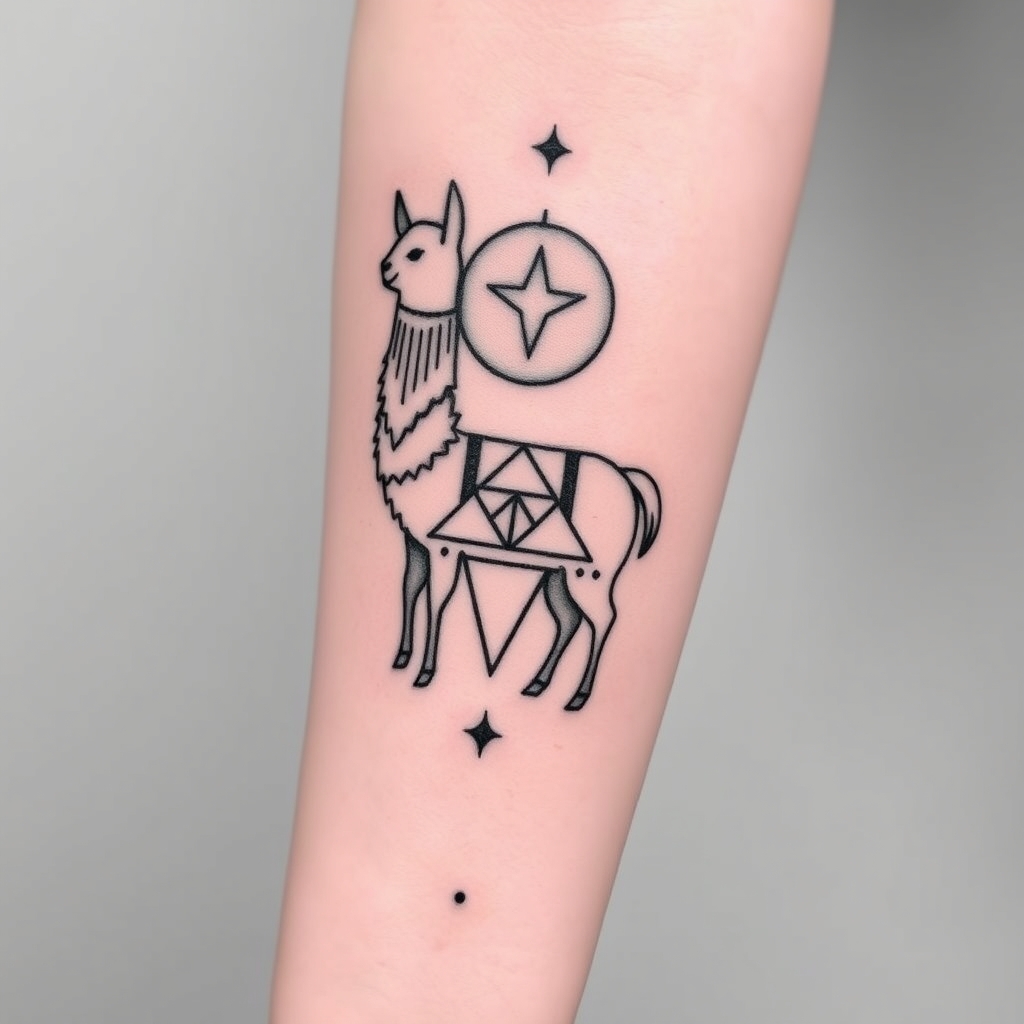 A tattoo design of Pretty and Dainty merkeba sacred geometry llama for forearm in the style of geometric. - sacred geometry tattoo design generated by AI tattoo generator